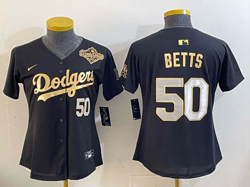 Women Nike 2026 Los Angeles Dodgers #50 Betts Black Gold Game MLB Jersey 067